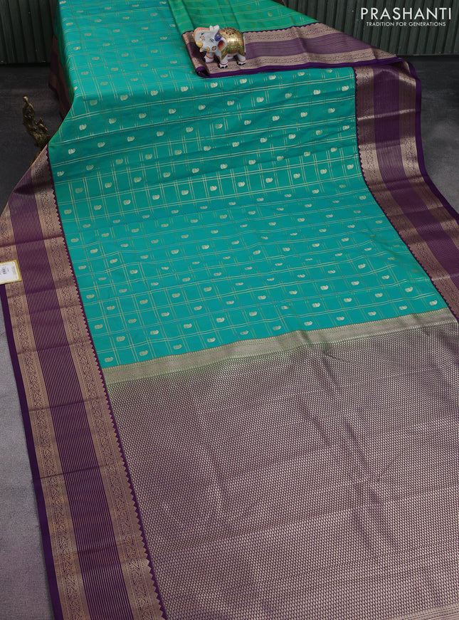 Semi kanchipuram silk saree teal green and violet with allover zari checks & buttas and zari woven korvai border