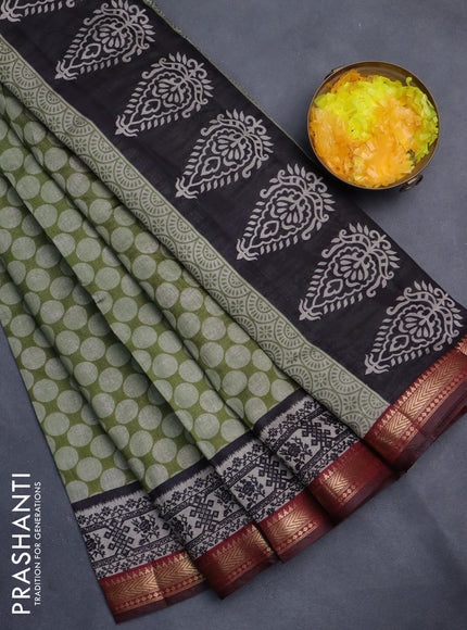 Semi maheshwari cotton saree sap green and maroon with allover geometric prints and zari woven border