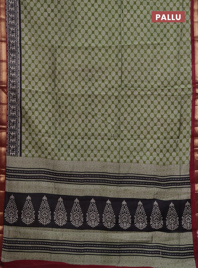 Semi maheshwari cotton saree sap green and maroon with allover geometric prints and zari woven border