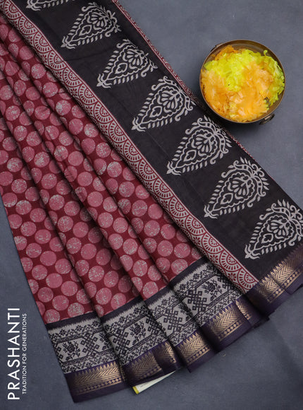 Semi maheshwari cotton saree maroon and deep jamun with allover geometric prints and zari woven border