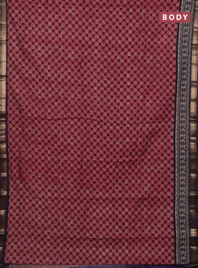 Semi maheshwari cotton saree maroon and deep jamun with allover geometric prints and zari woven border