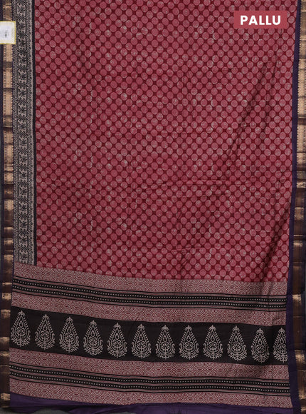 Semi maheshwari cotton saree maroon and deep jamun with allover geometric prints and zari woven border