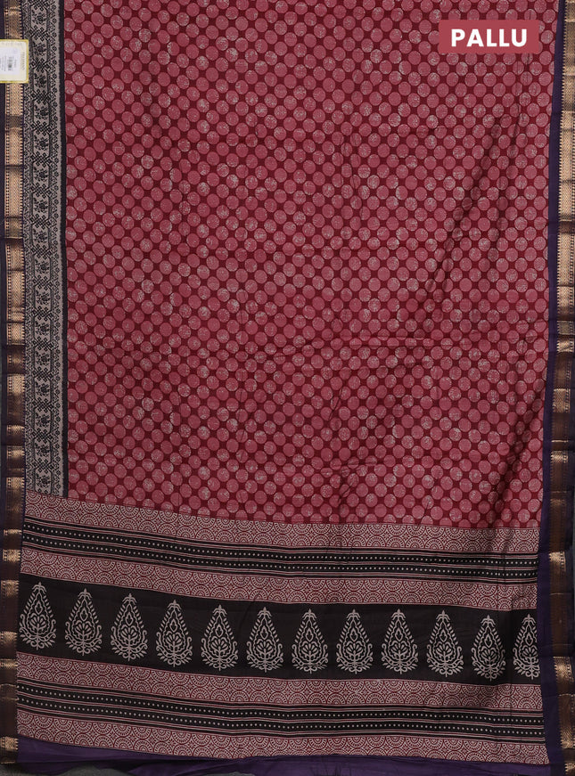 Semi maheshwari cotton saree maroon and deep jamun with allover geometric prints and zari woven border