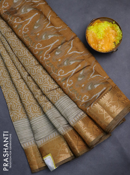 Semi maheshwari cotton saree yellow and beige with allover prints and zari woven border