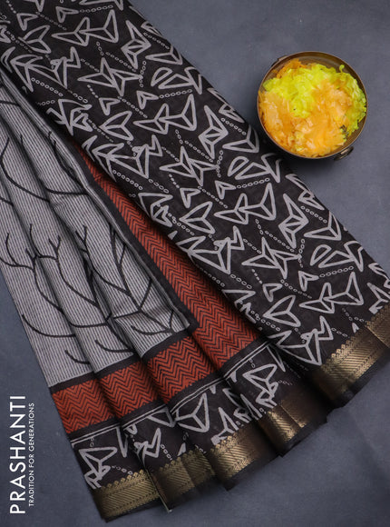 Semi maheshwari cotton saree grey and rust black with allover prints and zari woven border