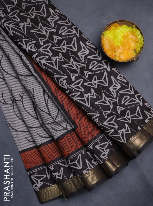 Semi maheshwari cotton saree grey and rust black with allover prints and zari woven border