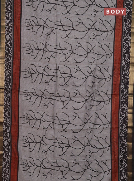 Semi maheshwari cotton saree grey and rust black with allover prints and zari woven border