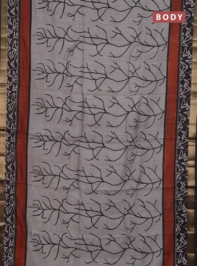 Semi maheshwari cotton saree grey and rust black with allover prints and zari woven border