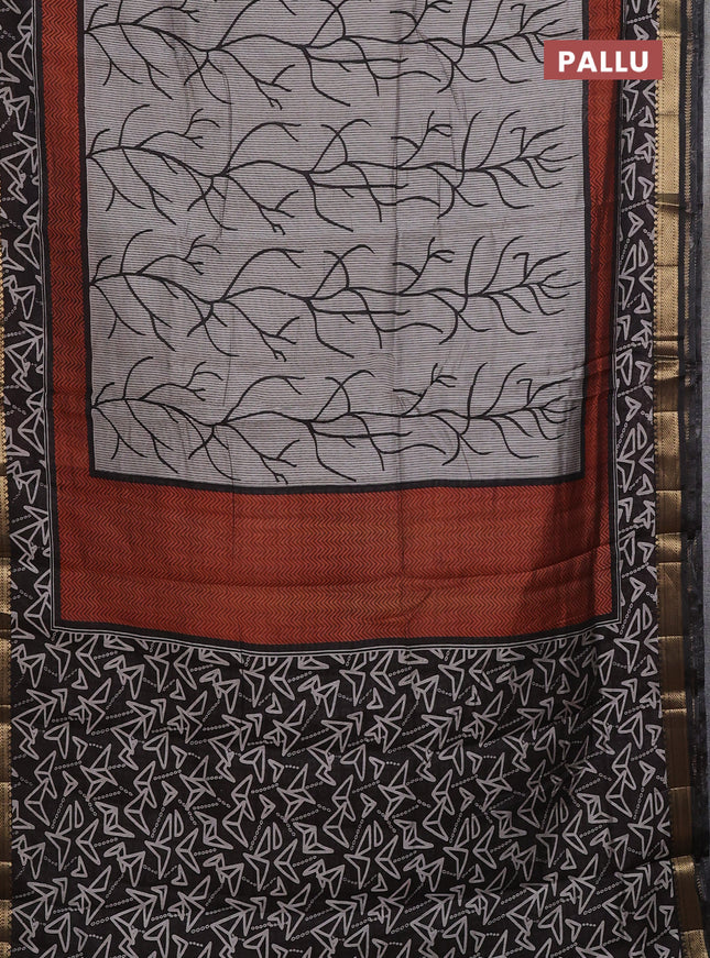 Semi maheshwari cotton saree grey and rust black with allover prints and zari woven border