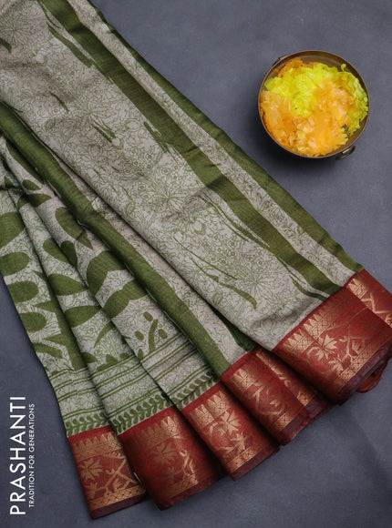 Semi maheshwari cotton saree sap green and maroon with allover prints and zari woven border