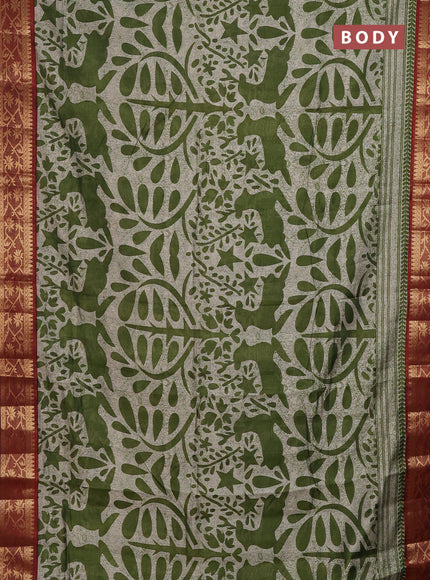 Semi maheshwari cotton saree sap green and maroon with allover prints and zari woven border