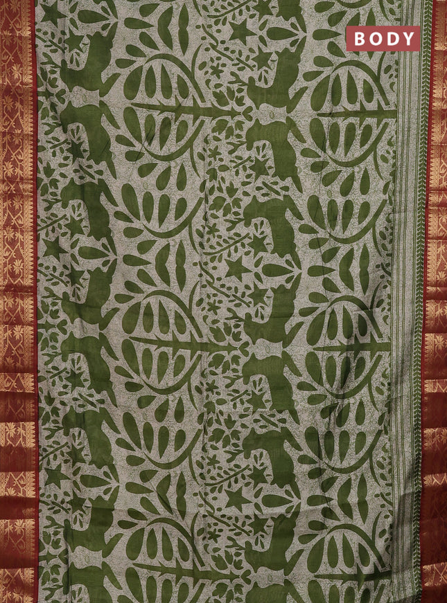 Semi maheshwari cotton saree sap green and maroon with allover prints and zari woven border