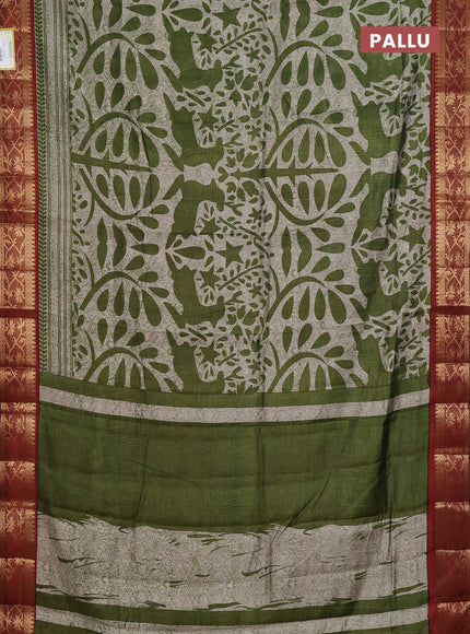 Semi maheshwari cotton saree sap green and maroon with allover prints and zari woven border