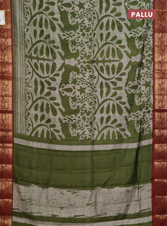 Semi maheshwari cotton saree sap green and maroon with allover prints and zari woven border