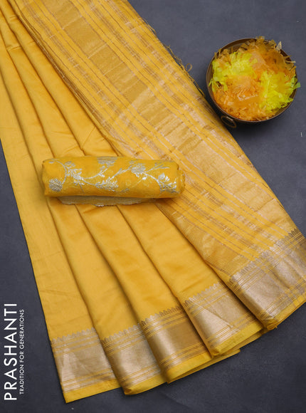 Semi mangalgiri saree yellow with plain body and zari woven border