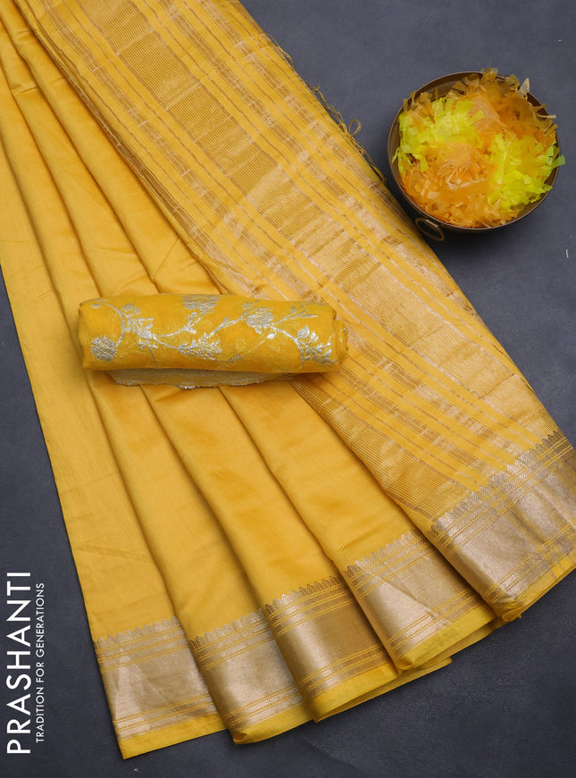 Semi mangalgiri saree yellow with plain body and zari woven border