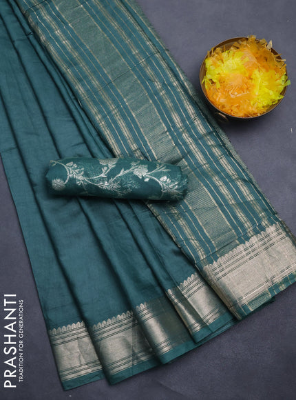 Semi mangalgiri saree peacock green with plain body and zari woven border