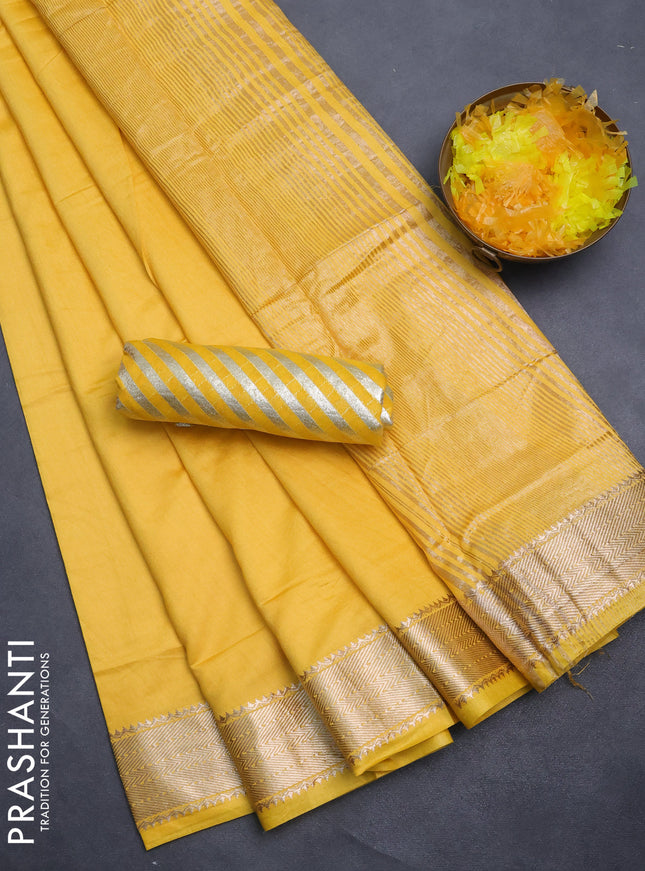 Semi mangalgiri saree yellow with plain body and zari woven border
