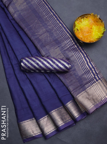 Semi mangalgiri saree dark blue with plain body and zari woven border