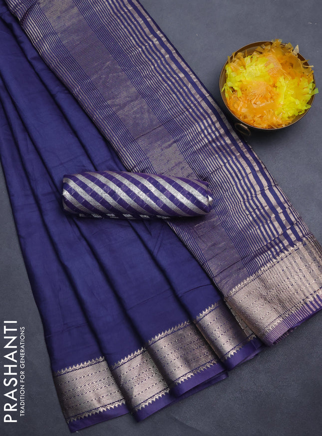 Semi mangalgiri saree dark blue with plain body and zari woven border