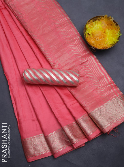 Semi mangalgiri saree peach pink with plain body and zari woven border