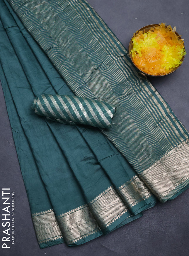 Semi mangalgiri saree peacock green with plain body and zari woven border