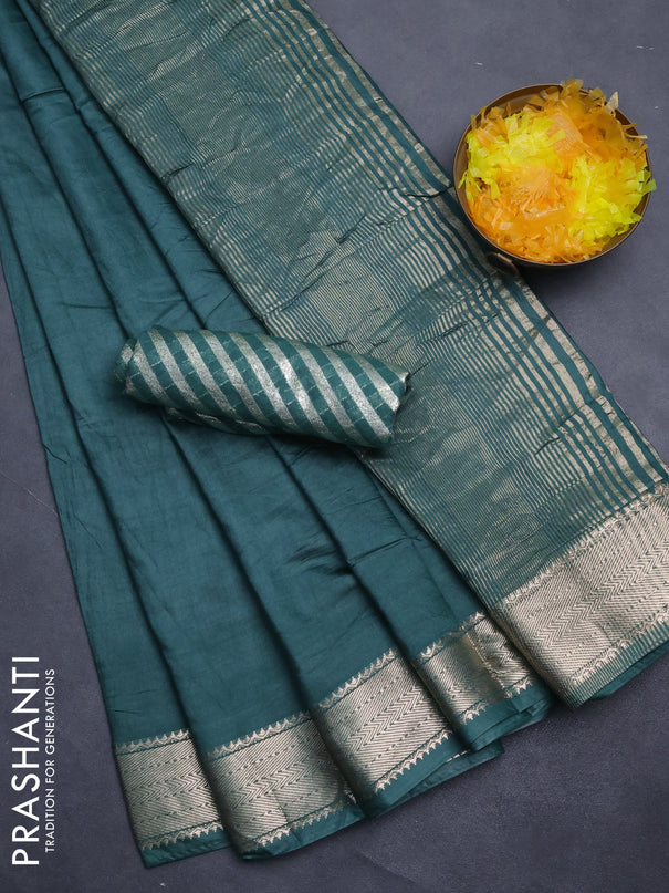 Semi mangalgiri saree peacock green with plain body and zari woven border