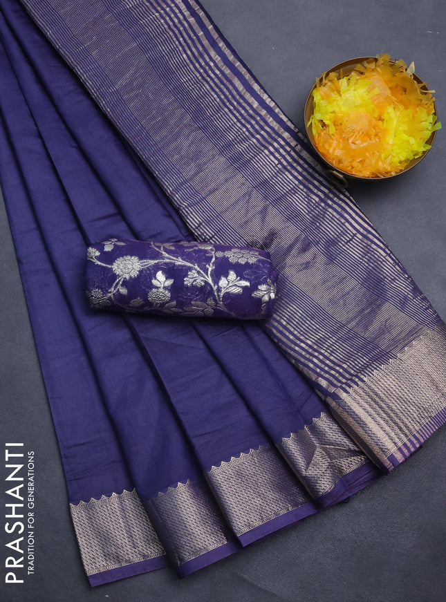 Semi mangalgiri saree navy blue with plain body and zari woven border