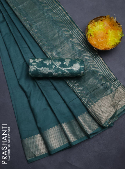 Semi mangalgiri saree peacock green with plain body and zari woven border