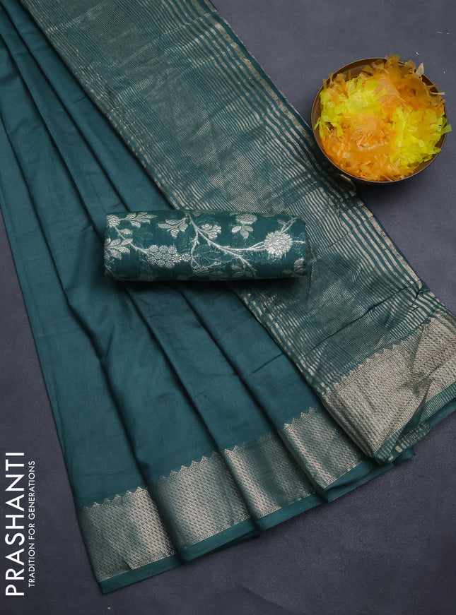 Semi mangalgiri saree peacock green with plain body and zari woven border
