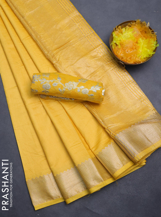 Semi mangalgiri saree yellow with plain body and zari woven border