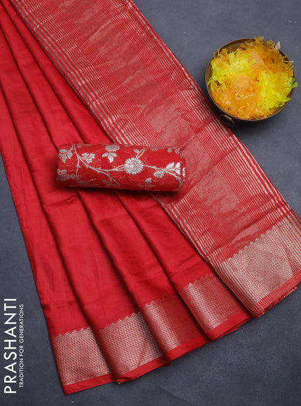 Semi mangalgiri saree red with plain body and zari woven border
