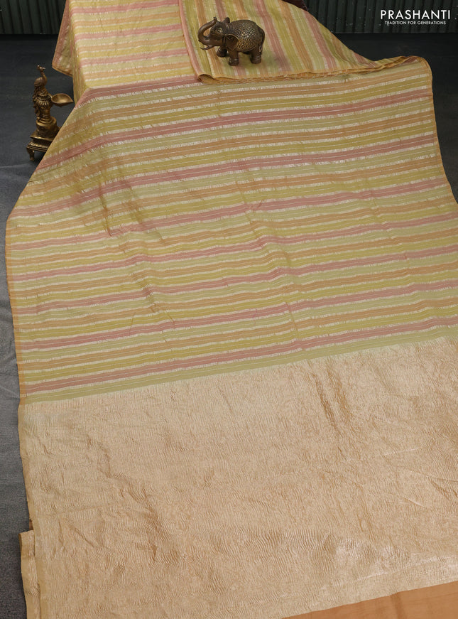 Munga silk saree multi colour and peach pink with allover rangart weaves in borderless style