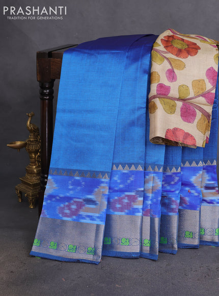 Mangalgiri silk cotton saree cs blue and grey shade with plain body and long ikat style silver zari woven border