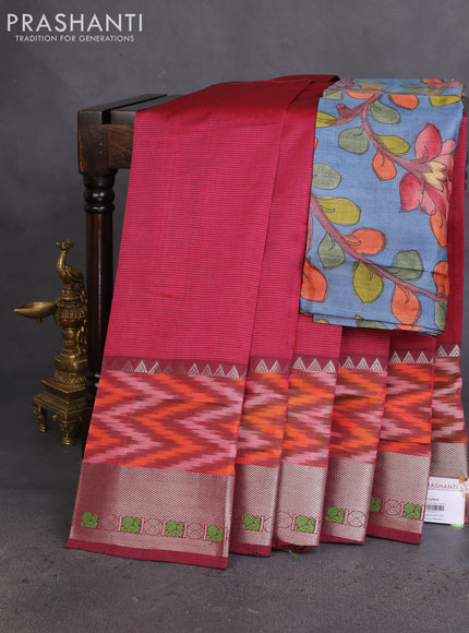 Mangalgiri silk cotton saree dark magenta  pink and bluish grey with plain body and long ikat style silver zari woven border