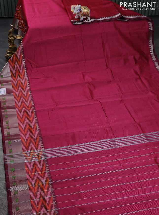 Mangalgiri silk cotton saree dark magenta  pink and bluish grey with plain body and long ikat style silver zari woven border