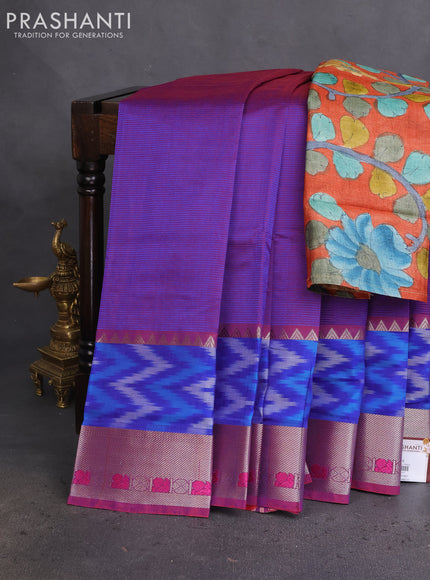 Mangalgiri silk cotton saree dual shade of purple and rustic orange with plain body and long ikat style silver zari woven border