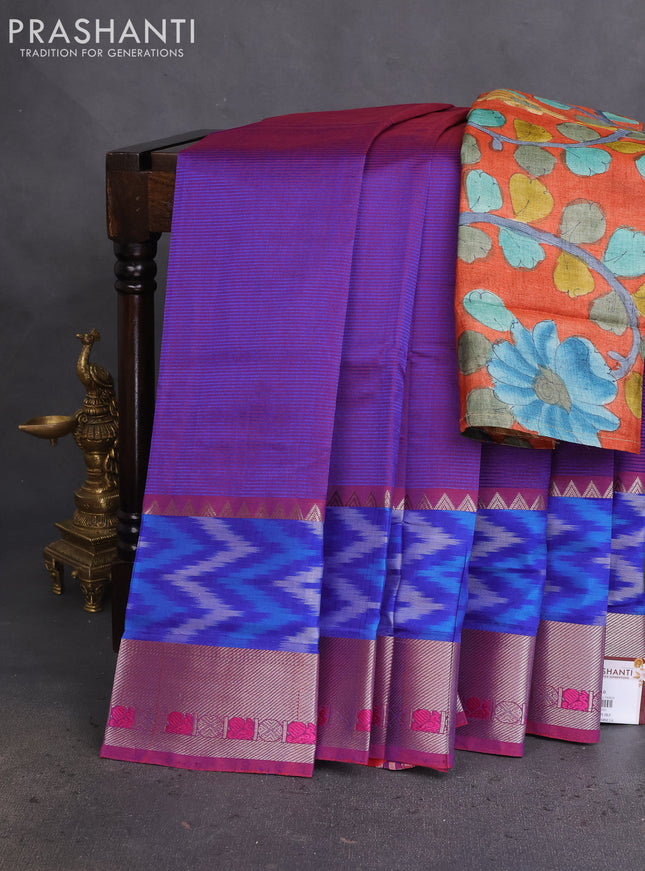 Mangalgiri silk cotton saree dual shade of purple and rustic orange with plain body and long ikat style silver zari woven border
