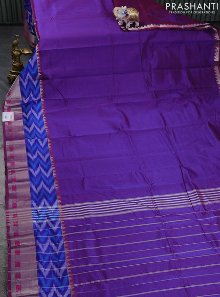 Mangalgiri silk cotton saree dual shade of purple and rustic orange with plain body and long ikat style silver zari woven border