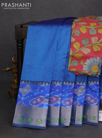Mangalgiri silk cotton saree cs blue and maroon with plain body and long ikat style silver zari woven border