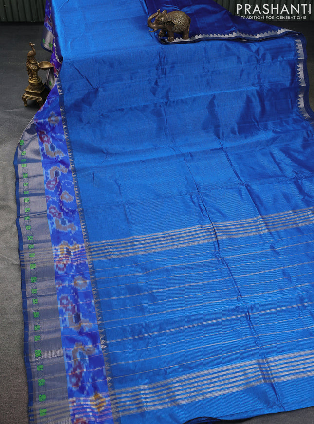 Mangalgiri silk cotton saree cs blue and maroon with plain body and long ikat style silver zari woven border