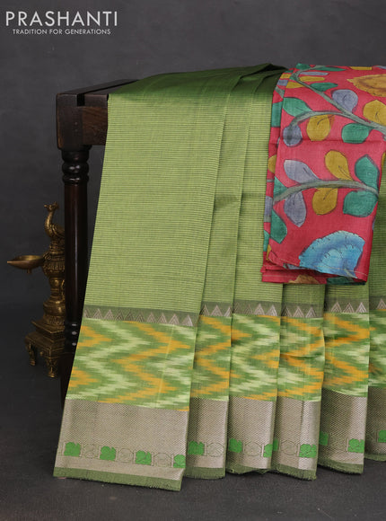 Mangalgiri silk cotton saree light green and maroon with plain body and long ikat style silver zari woven border