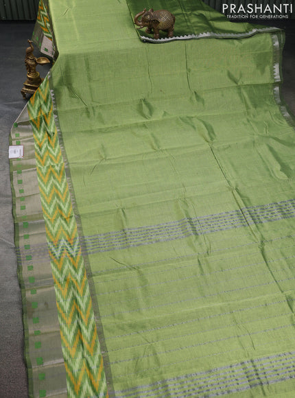 Mangalgiri silk cotton saree light green and maroon with plain body and long ikat style silver zari woven border