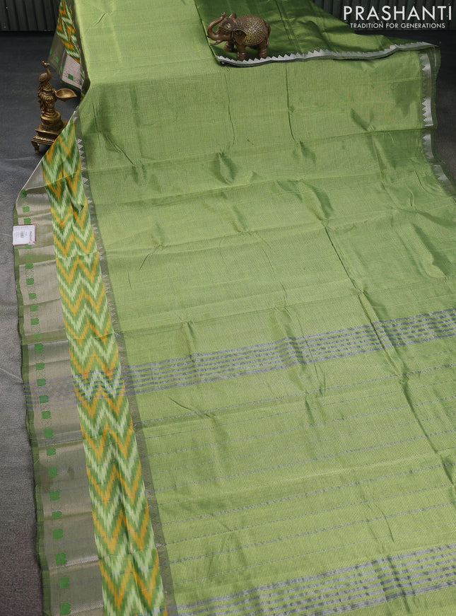 Mangalgiri silk cotton saree light green and maroon with plain body and long ikat style silver zari woven border