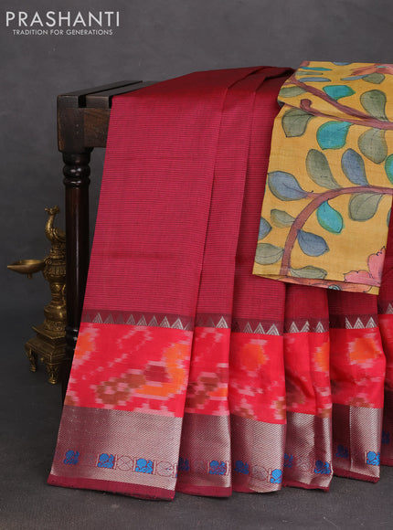 Mangalgiri silk cotton saree dark magenta  pink and mustard yellow with plain body and long ikat style silver zari woven border