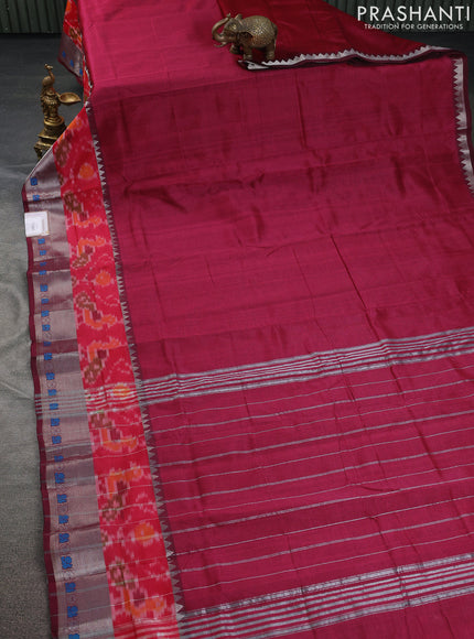 Mangalgiri silk cotton saree dark magenta  pink and mustard yellow with plain body and long ikat style silver zari woven border