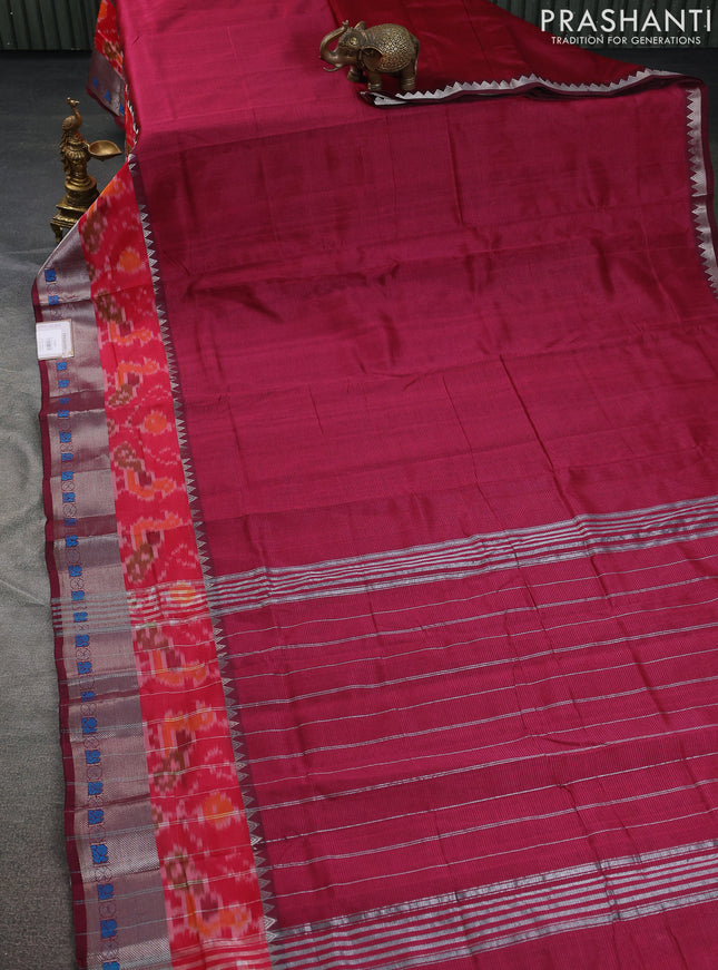 Mangalgiri silk cotton saree dark magenta  pink and mustard yellow with plain body and long ikat style silver zari woven border