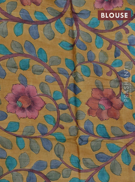 Mangalgiri silk cotton saree dark magenta  pink and mustard yellow with plain body and long ikat style silver zari woven border