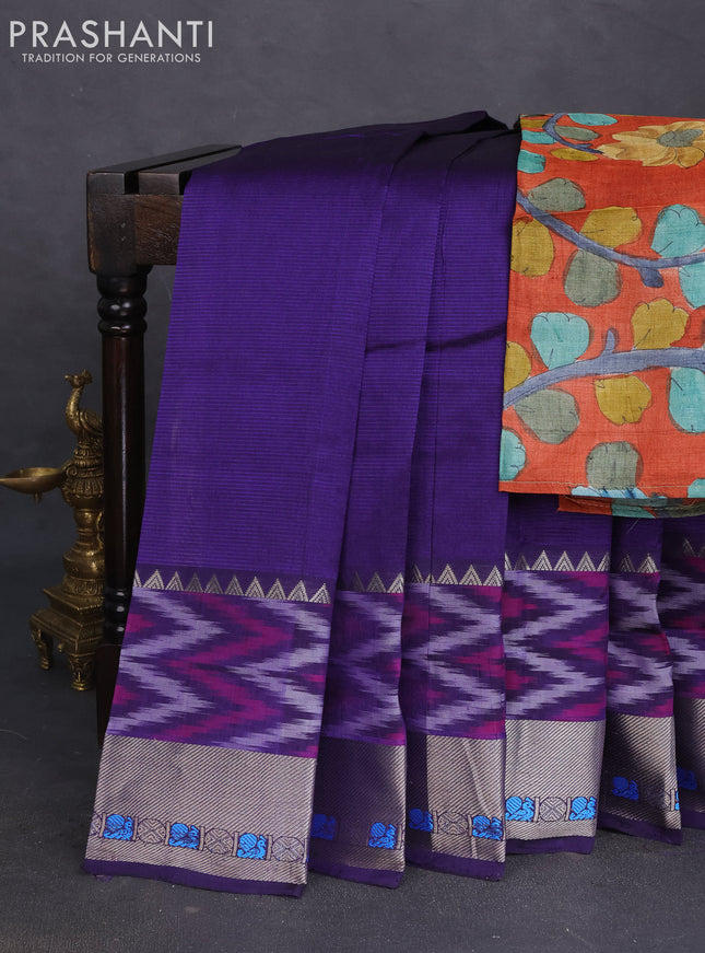 Mangalgiri silk cotton saree violet and rustic orange with plain body and long ikat style silver zari woven border
