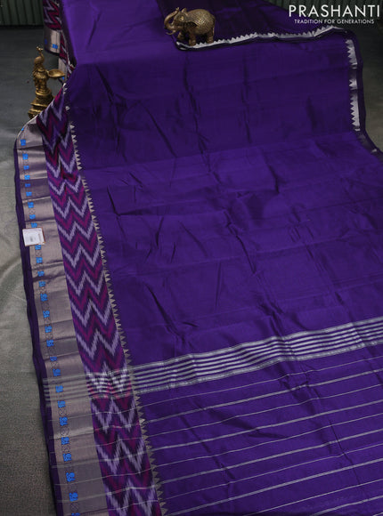 Mangalgiri silk cotton saree violet and rustic orange with plain body and long ikat style silver zari woven border